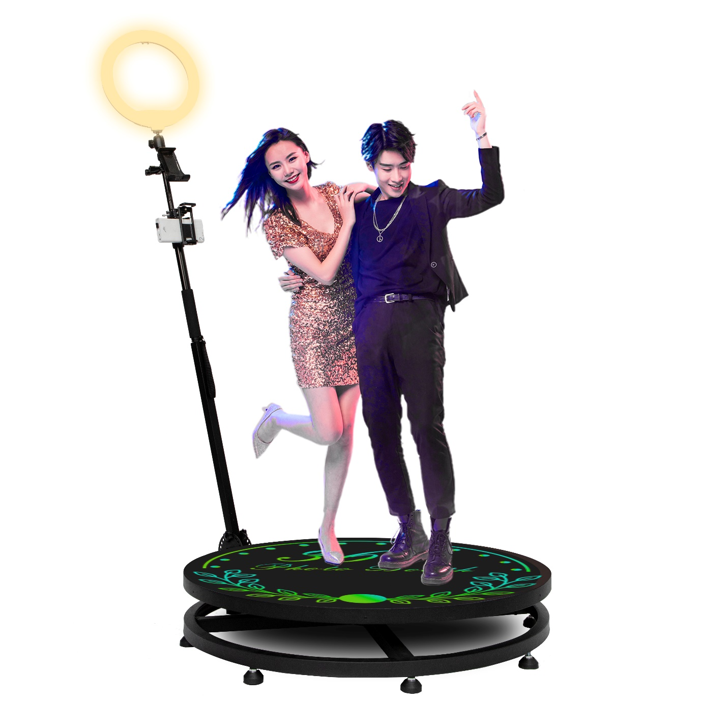 a couple dancing on a 360 photo booth